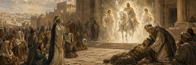 Onias and the people pray near the temple treasury as Heliodorus is stopped and later tended compassionately